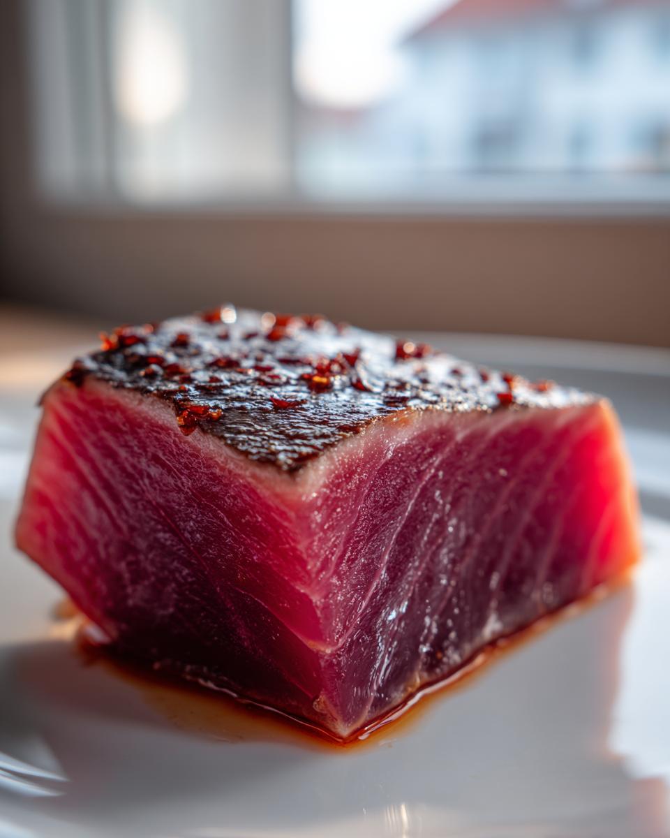 Close-up of a thick, perfectly seared tuna steak showing deep red interior and dark, crusted top from the MARINADE FOR TUNA STEAK.