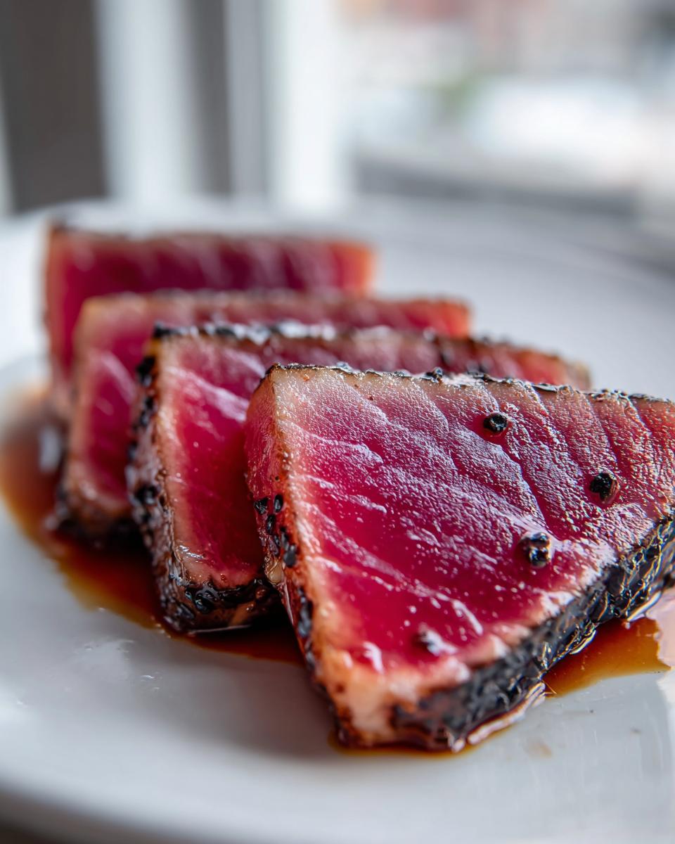 Close-up of perfectly seared tuna steak slices, showing a bright red center, coated in a dark crust, resting in a rich MARINADE FOR TUNA STEAK sauce.