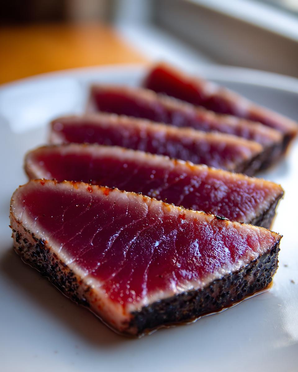 Close-up of perfectly seared, rare tuna steak slices, showing a dark crust and deep red center, ready after using the MARINADE FOR TUNA STEAK.