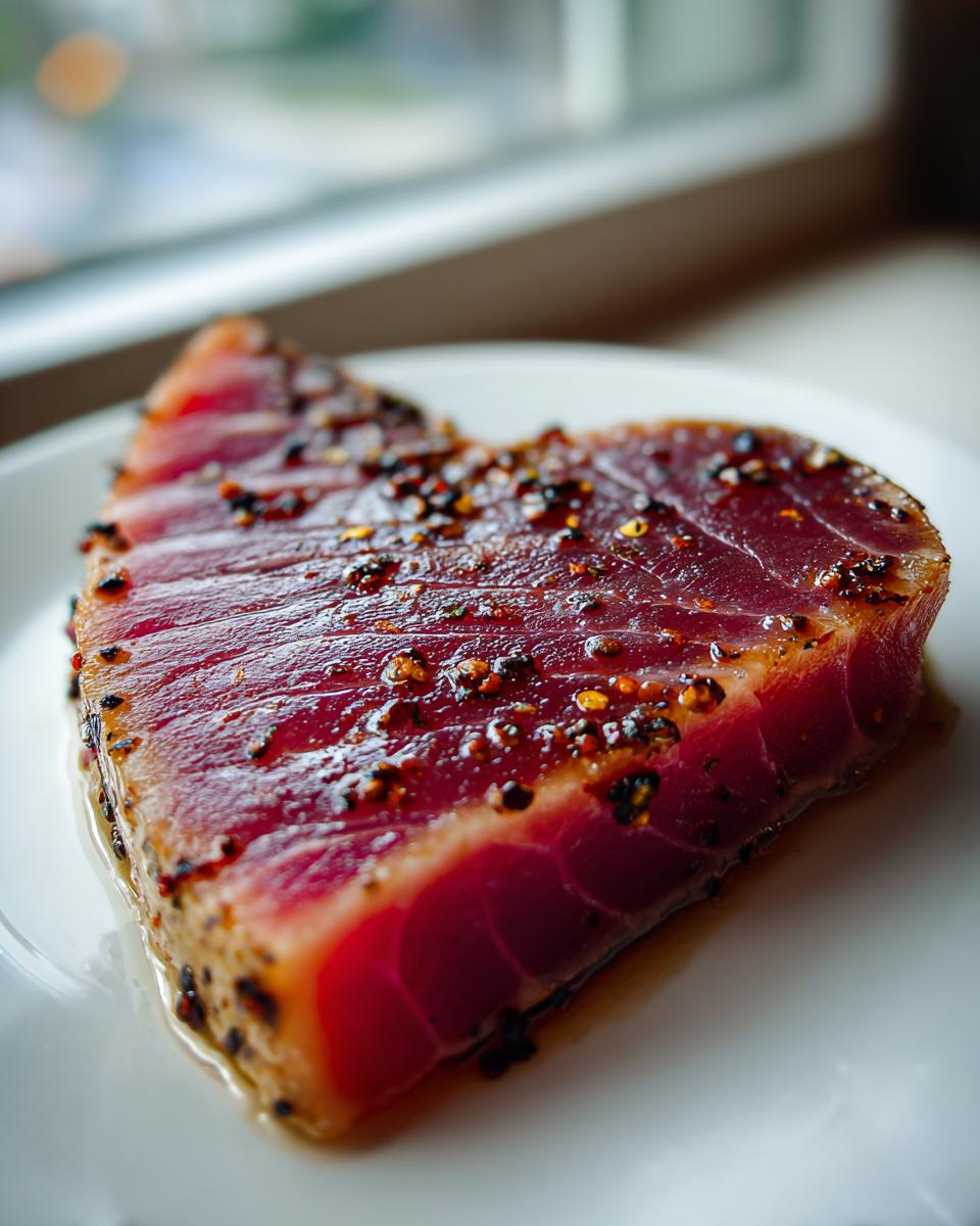 Close-up of a perfectly seared tuna steak, showing a bright red interior and a crust seasoned with cracked pepper, ready after using the MARINADE FOR TUNA STEAK.