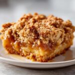 A close-up of a square serving of apple pie dump cake with gooey filling and a thick, crunchy cinnamon crumb topping.