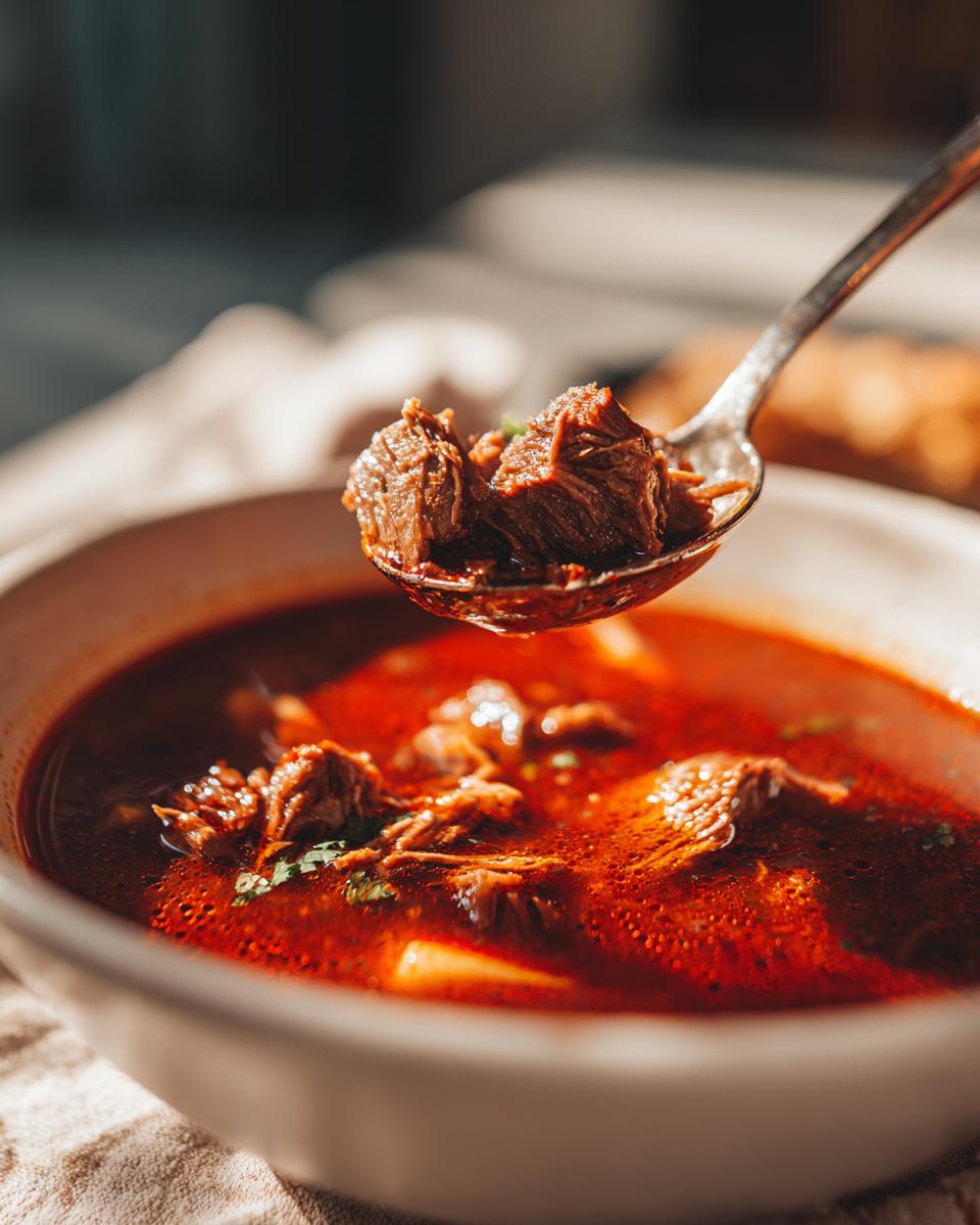 A spoonful of tender meat is lifted from a bowl of rich, red Pozole rojo broth.