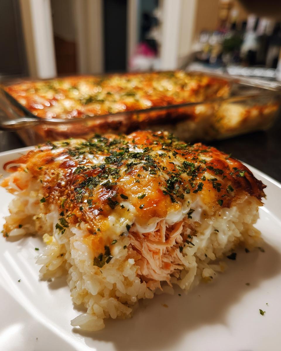 A close-up serving of baked sushi bake showing layers of rice, shredded salmon, and a melted, browned cheese topping sprinkled with herbs.