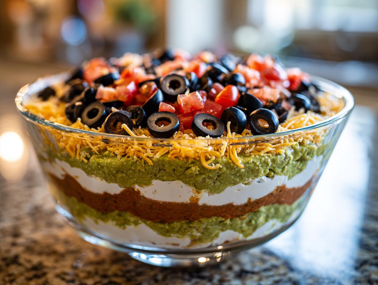 Close-up of a vibrant Seven layer dip featuring distinct layers of guacamole, sour cream, refried beans, topped with cheese, olives, and tomatoes.