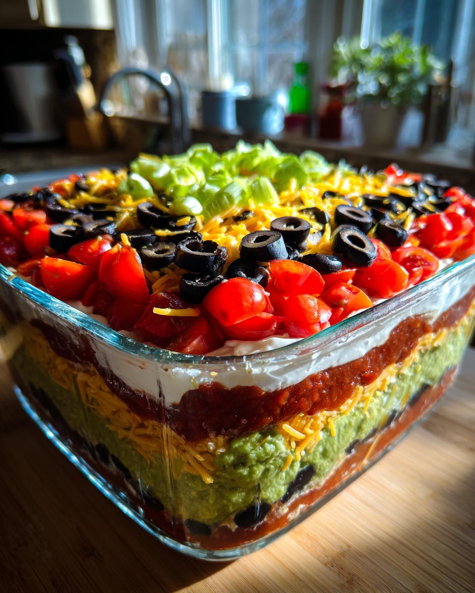 A colorful, layered Seven layer dip served in a clear glass dish, topped with tomatoes, olives, cheese, and green onions.
