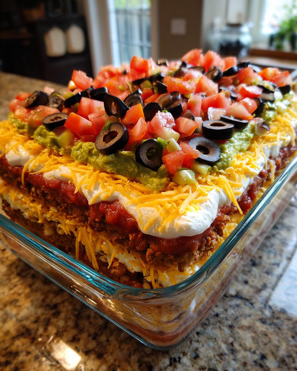 A vibrant, layered Seven layer dip topped with guacamole, sour cream, cheese, tomatoes, and black olives in a clear baking dish.