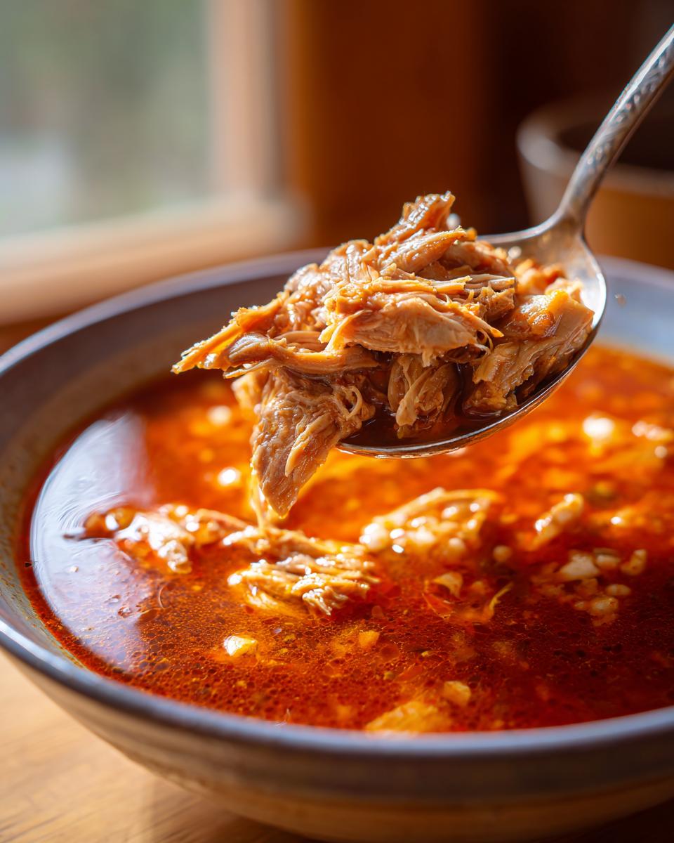 A spoonful of shredded pork being lifted from a rich, red broth of Pozole rojo.