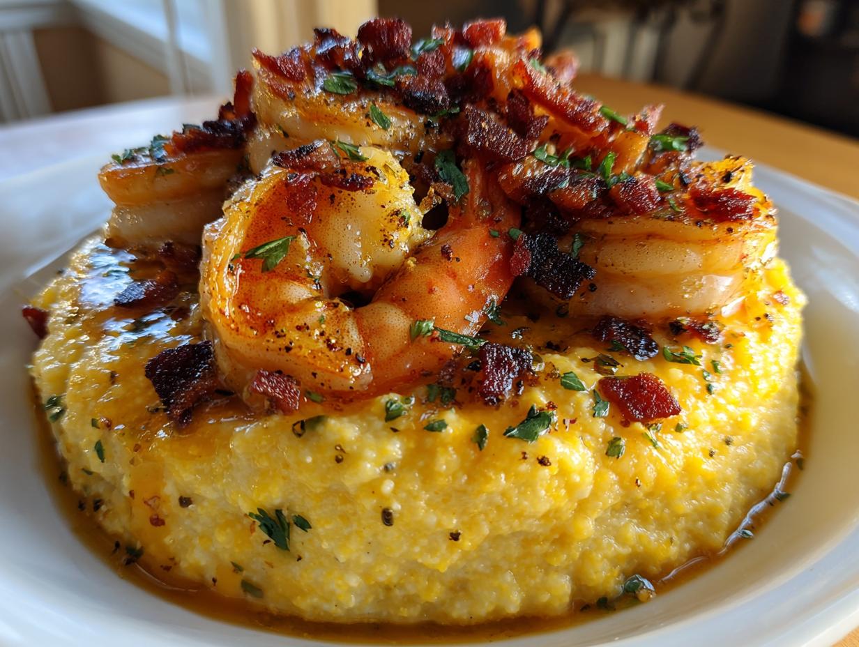 Close-up of creamy yellow shrimp and grits topped with seasoned shrimp and crumbled bacon.