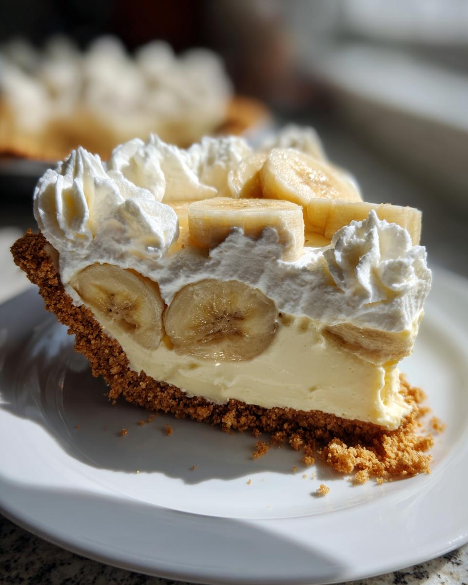 A close-up slice of amazing banana cream pie featuring a graham cracker crust, creamy filling, banana slices, and piped whipped cream.