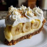 A close-up slice of banana cream pie showing layers of graham cracker crust, pudding, banana slices, and whipped cream topping.