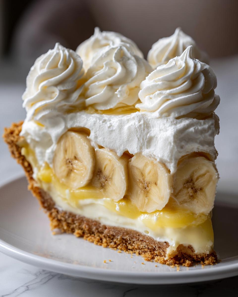 A close-up slice of banana cream pie showing graham cracker crust, custard, banana slices, and piped whipped cream topping.