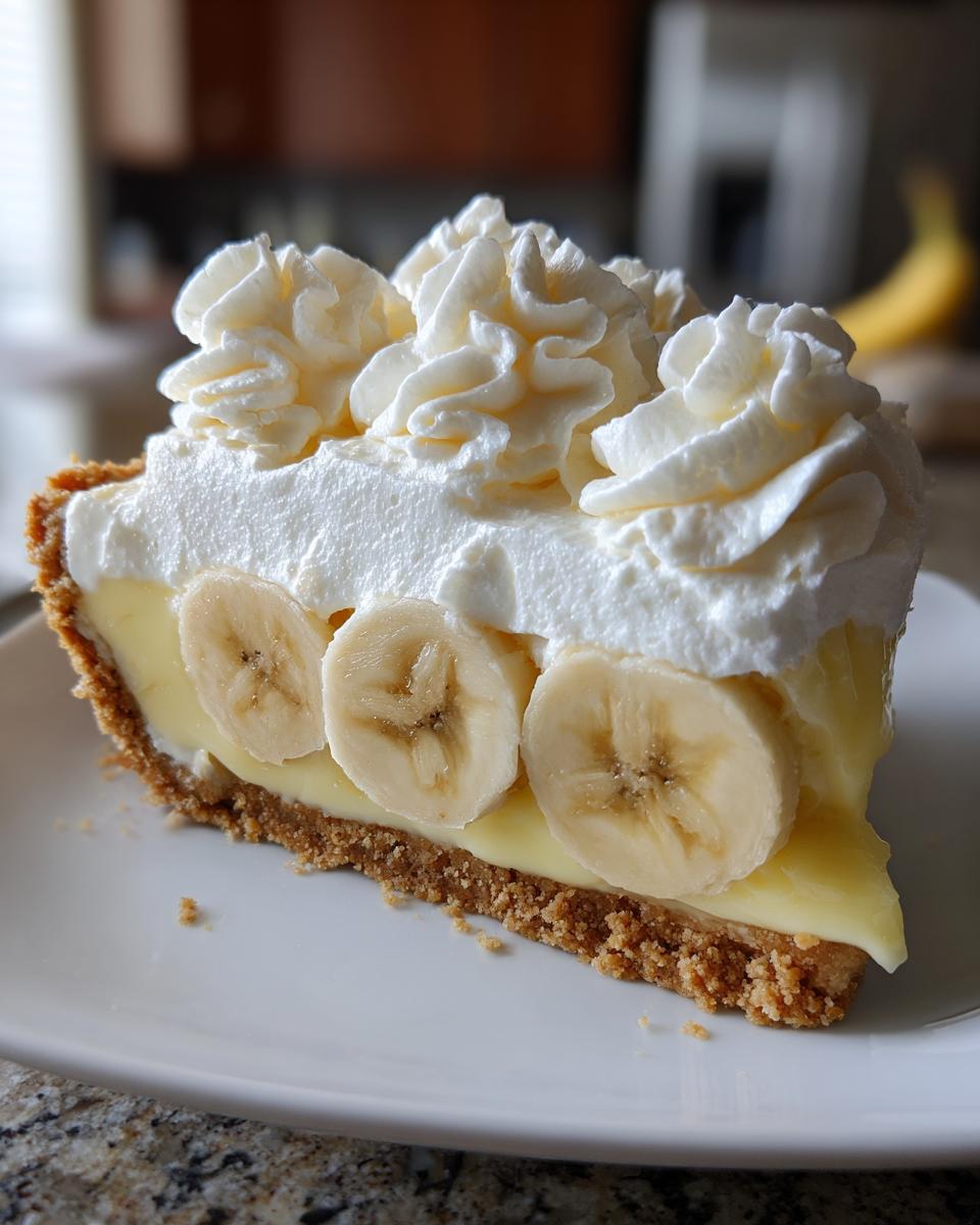 A perfect slice of banana cream pie featuring a graham cracker crust, vanilla pudding, banana slices, and whipped cream topping.