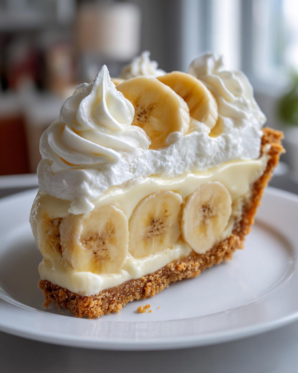 A perfect slice of banana cream pie featuring a graham cracker crust, thick vanilla custard, fresh banana slices, and piped whipped cream.