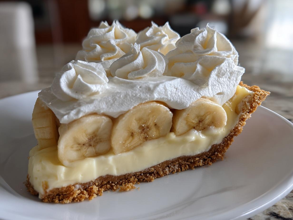 A perfect slice of banana cream pie featuring a graham cracker crust, creamy filling, fresh banana slices, and whipped cream topping.