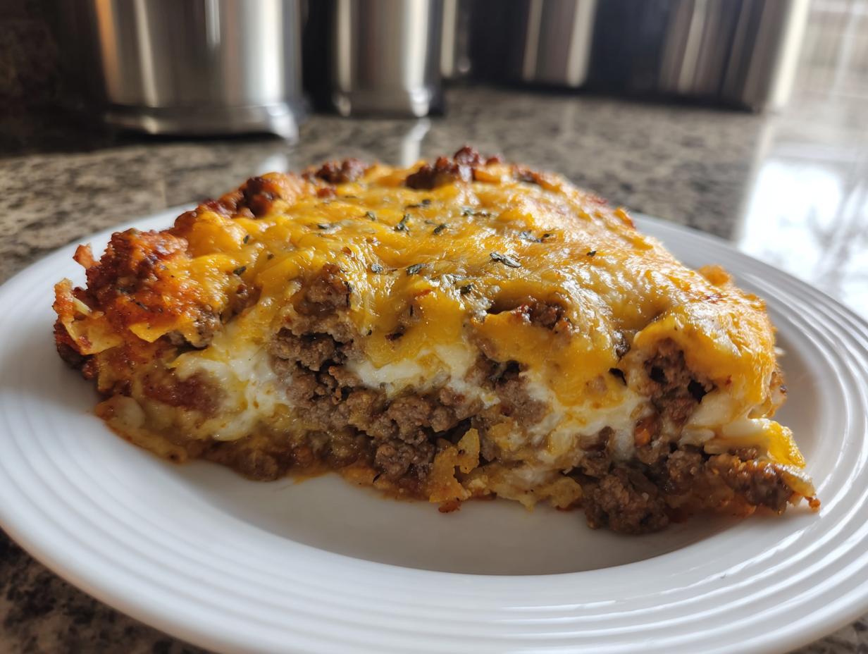 A hearty slice of Dorito Casserole featuring layers of ground beef, creamy sauce, and melted cheddar cheese on a white plate.