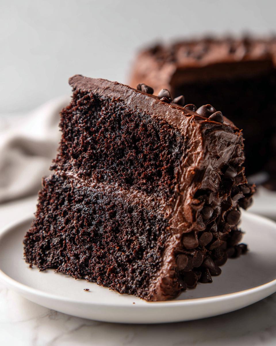 A close-up slice of moist chocolate fudge cake layered with frosting and covered in chocolate chips.