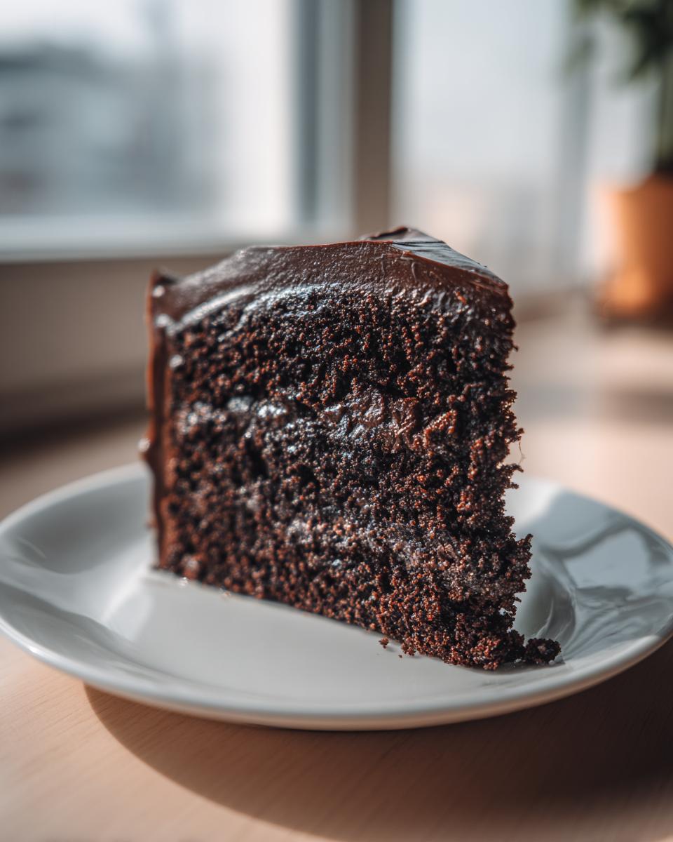 A moist, dark slice of chocolate fudge cake with thick, glossy chocolate frosting served on a white plate.