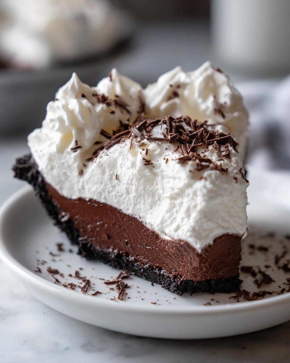A decadent slice of Christmas chocolate cream pie featuring a dark crust, rich chocolate filling, and tall whipped cream topping with chocolate shavings.