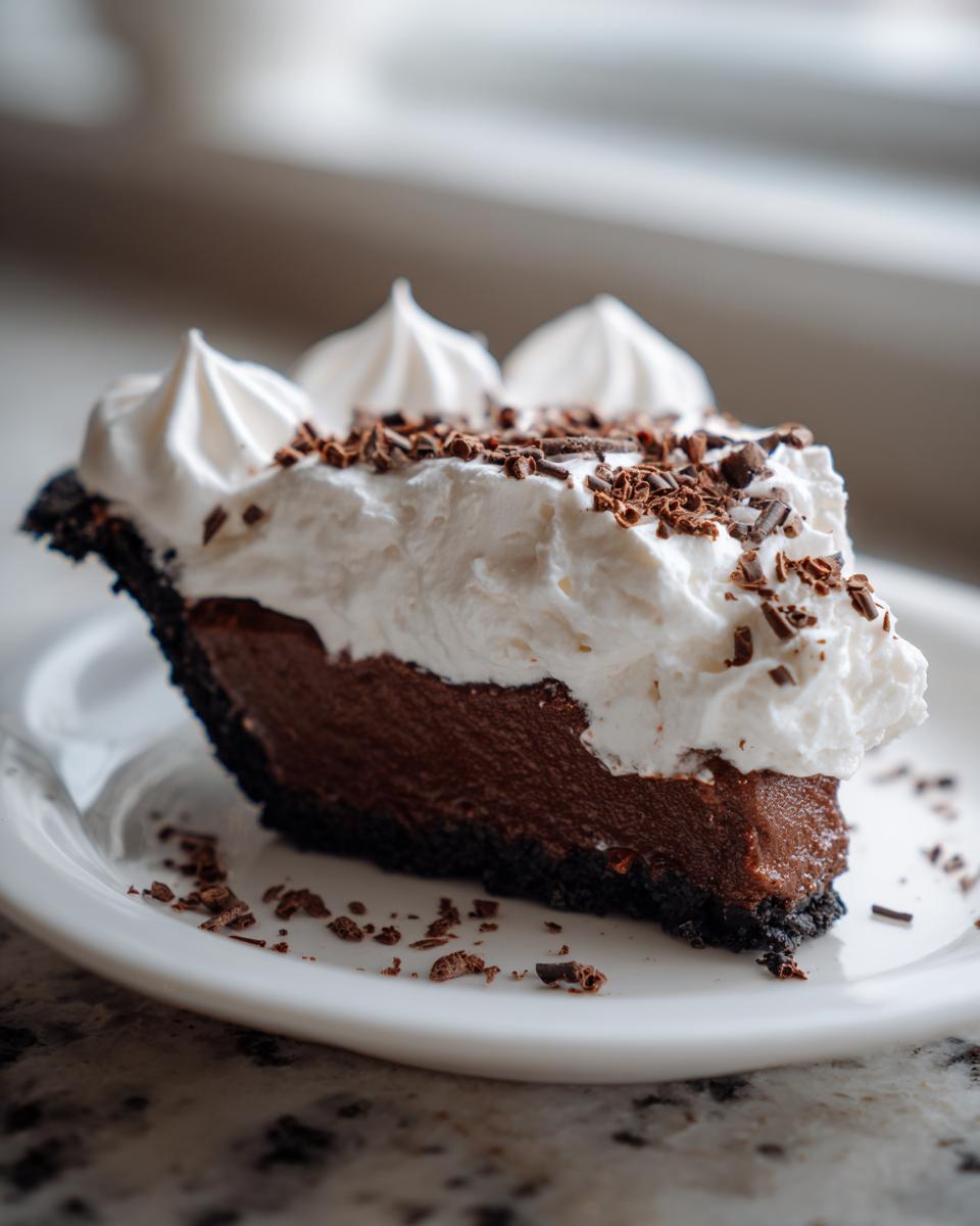 A decadent slice of Christmas chocolate cream pie featuring a dark crust, rich chocolate filling, and whipped cream peaks.