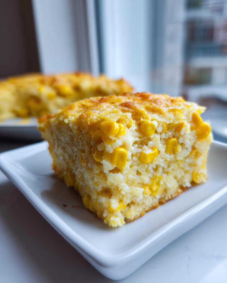A close-up of a square slice of moist cornbread casserole studded with whole corn kernels, served on a white dish.