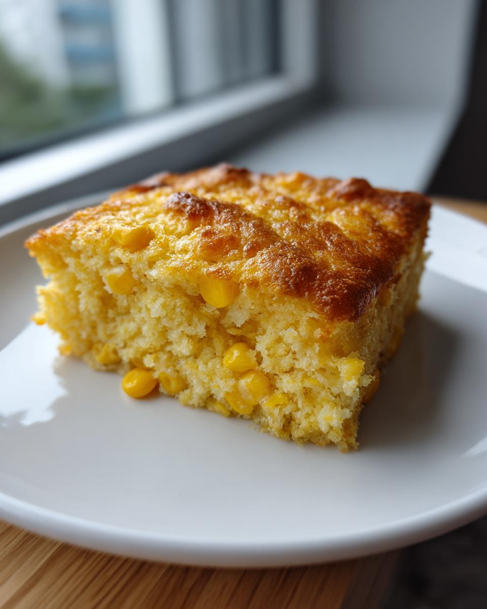 A square slice of moist, golden cornbread casserole studded with whole corn kernels, served on a white plate.