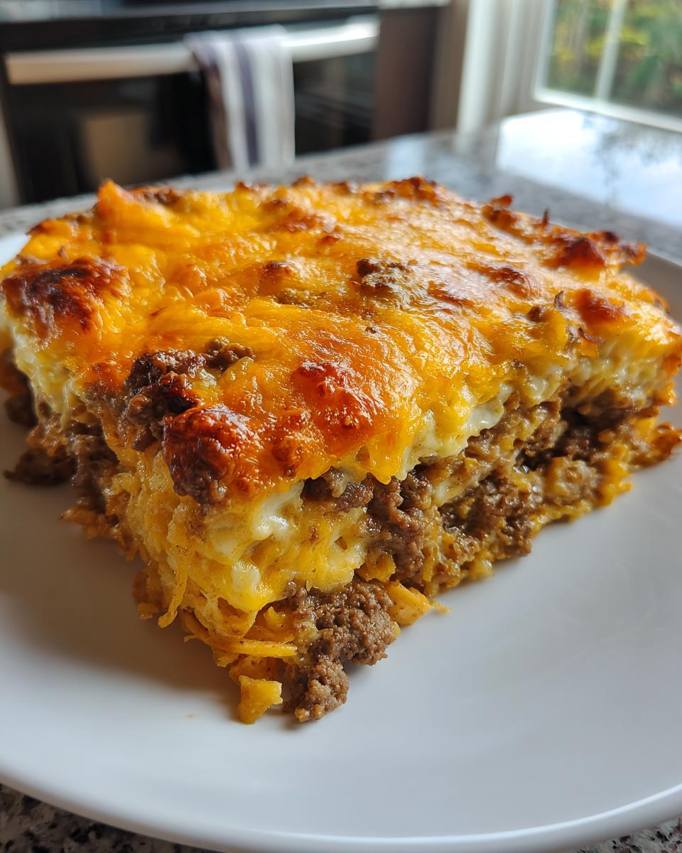 A close-up slice of Dorito Casserole featuring layers of seasoned ground beef and melted, bubbly cheddar cheese.