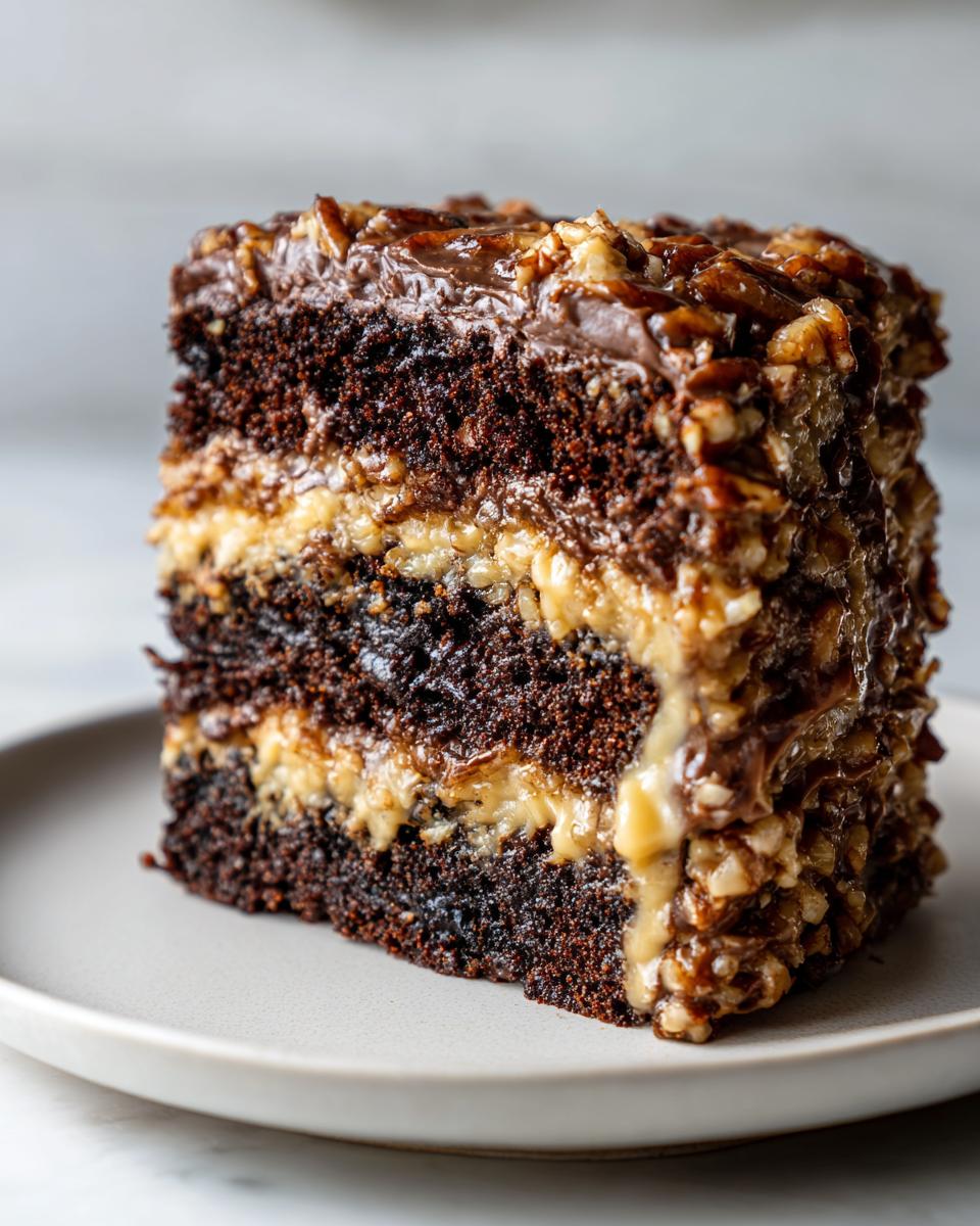 Close-up of a rich slice of german chocolate cake recipe showing three layers of dark cake and coconut pecan frosting.