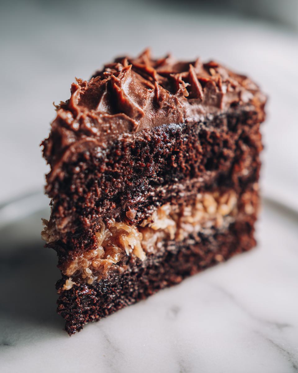 Close-up of a moist slice of german chocolate cake recipe showing dark layers and coconut-pecan filling.