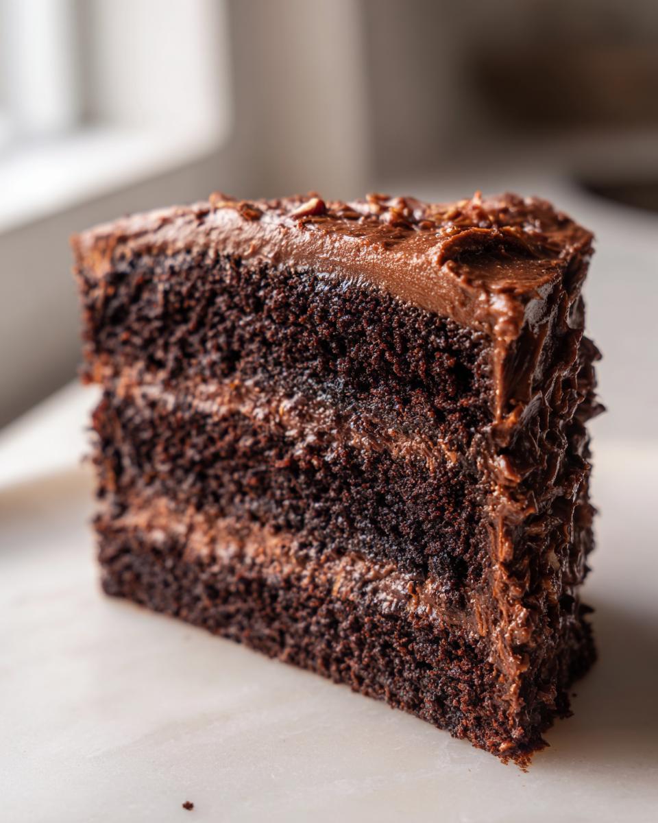 A decadent slice of moist, dark chocolate cake with thick layers of frosting, showcasing the german chocolate cake recipe texture.