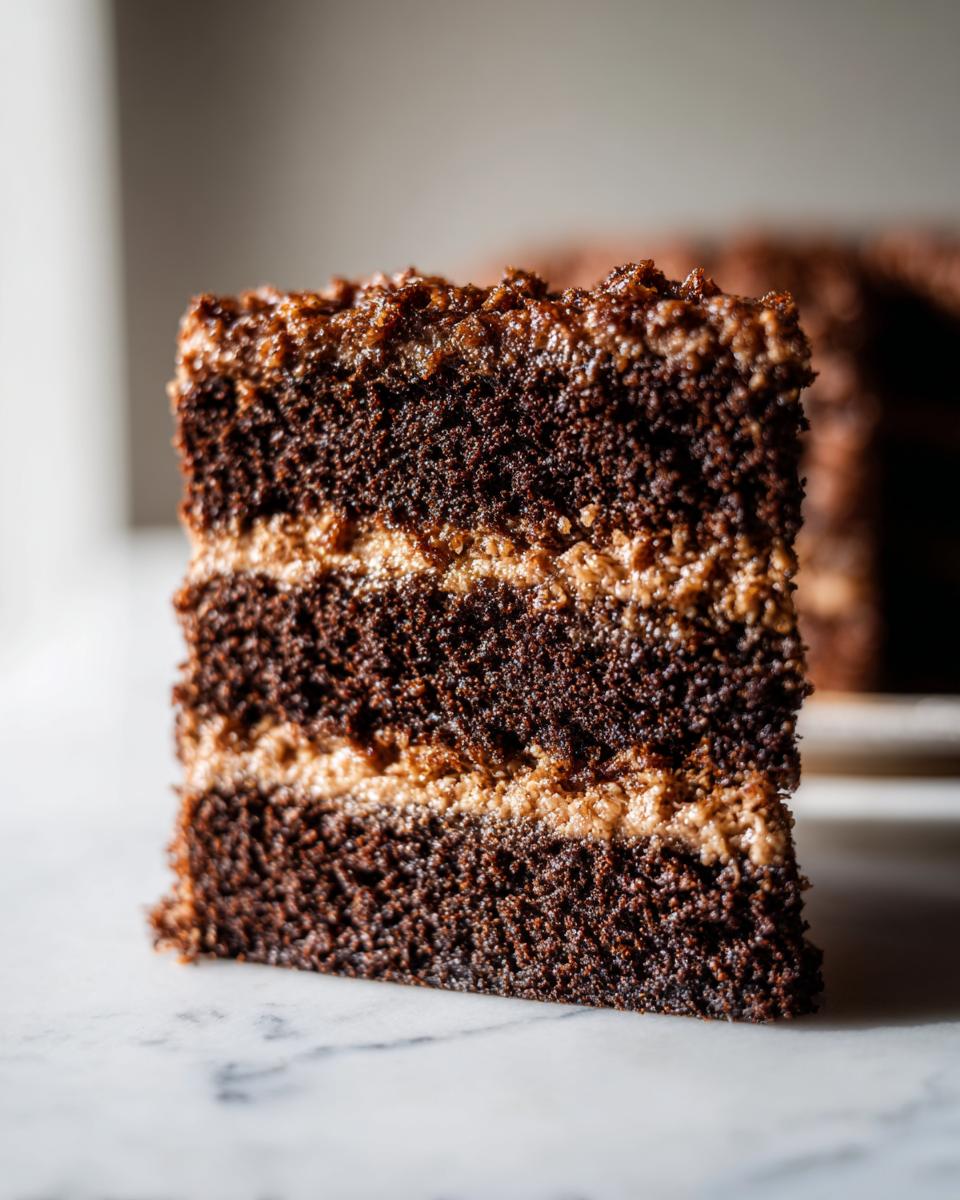 Close-up of a moist slice of german chocolate cake recipe showing three dark chocolate layers and coconut-pecan frosting.