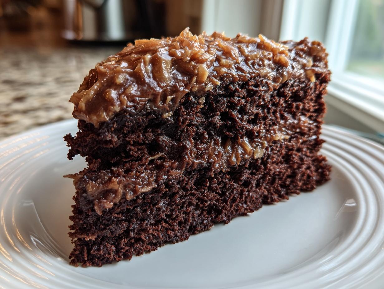 Close-up of a rich, dark slice of german chocolate cake recipe topped with thick coconut-pecan frosting.