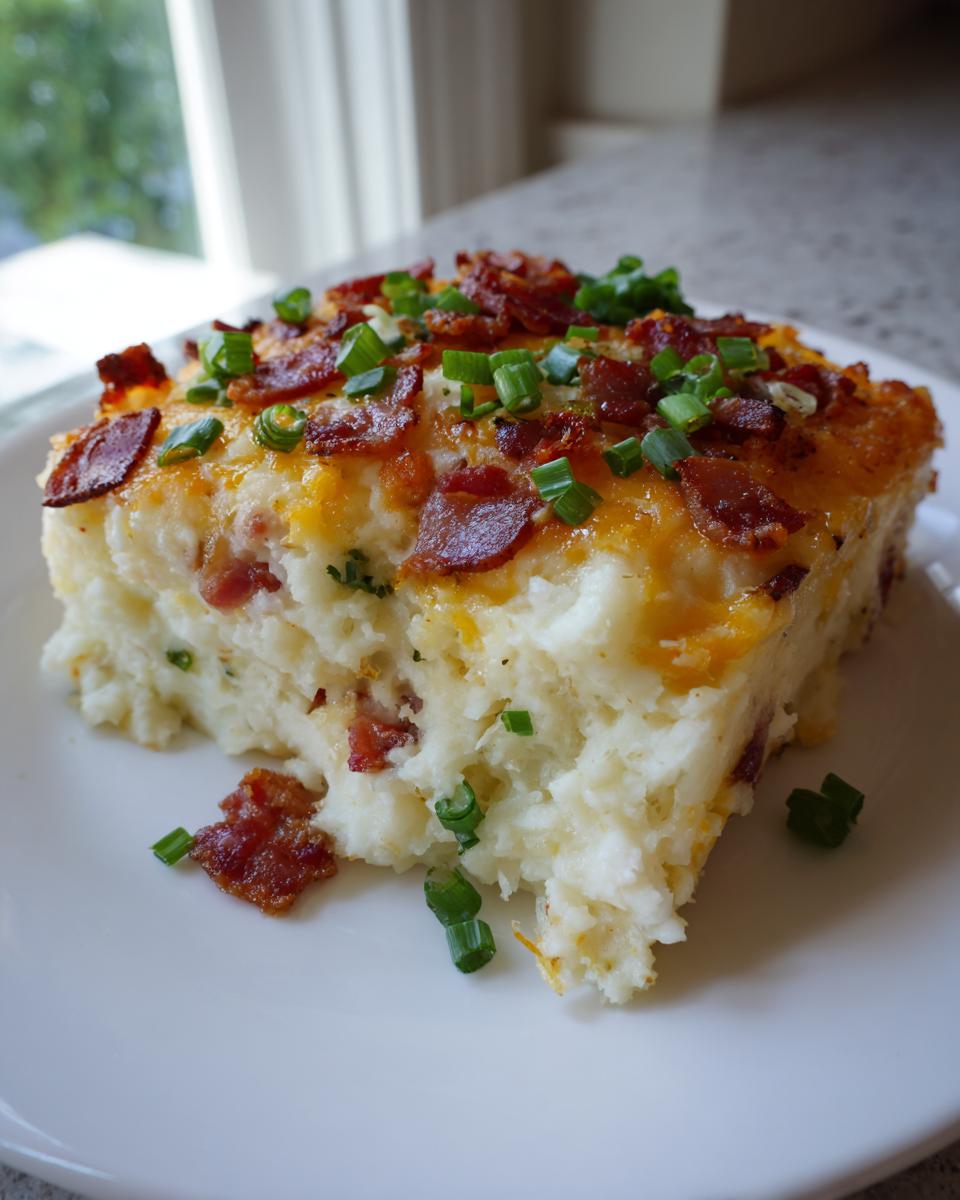 A generous slice of baked mashed potato casserole topped with melted cheddar cheese, crispy bacon bits, and fresh chives.