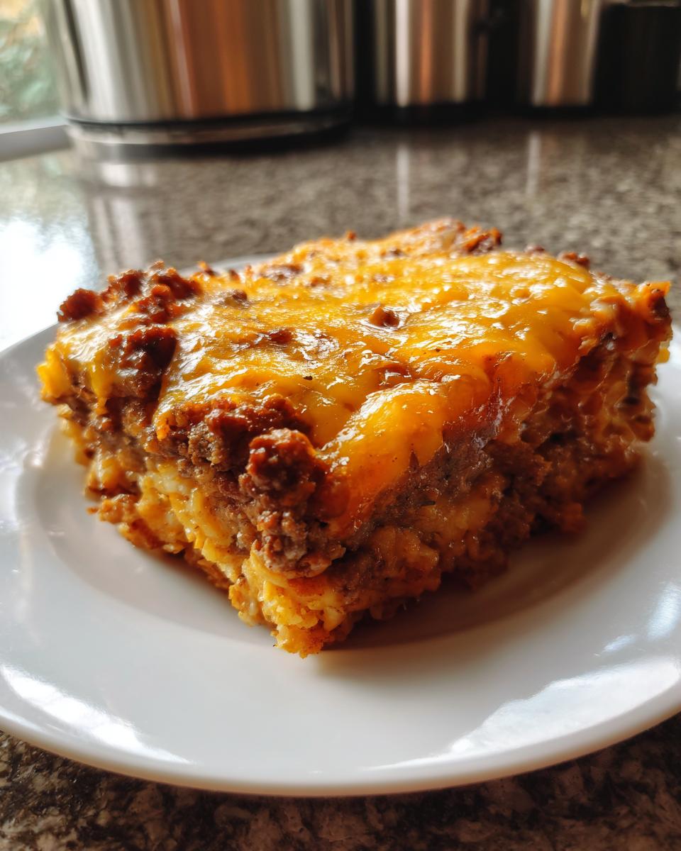 A hearty slice of Dorito Casserole topped with melted cheddar cheese and seasoned ground beef.