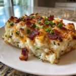 A generous slice of baked mashed potato casserole topped with melted cheese, crispy bacon, and fresh chives.
