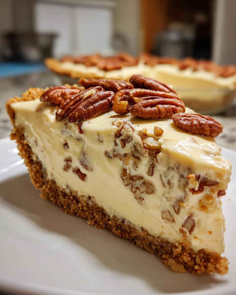 Close-up of a thick slice of Pecan cream pie showing a graham cracker crust and creamy filling studded with pecans.