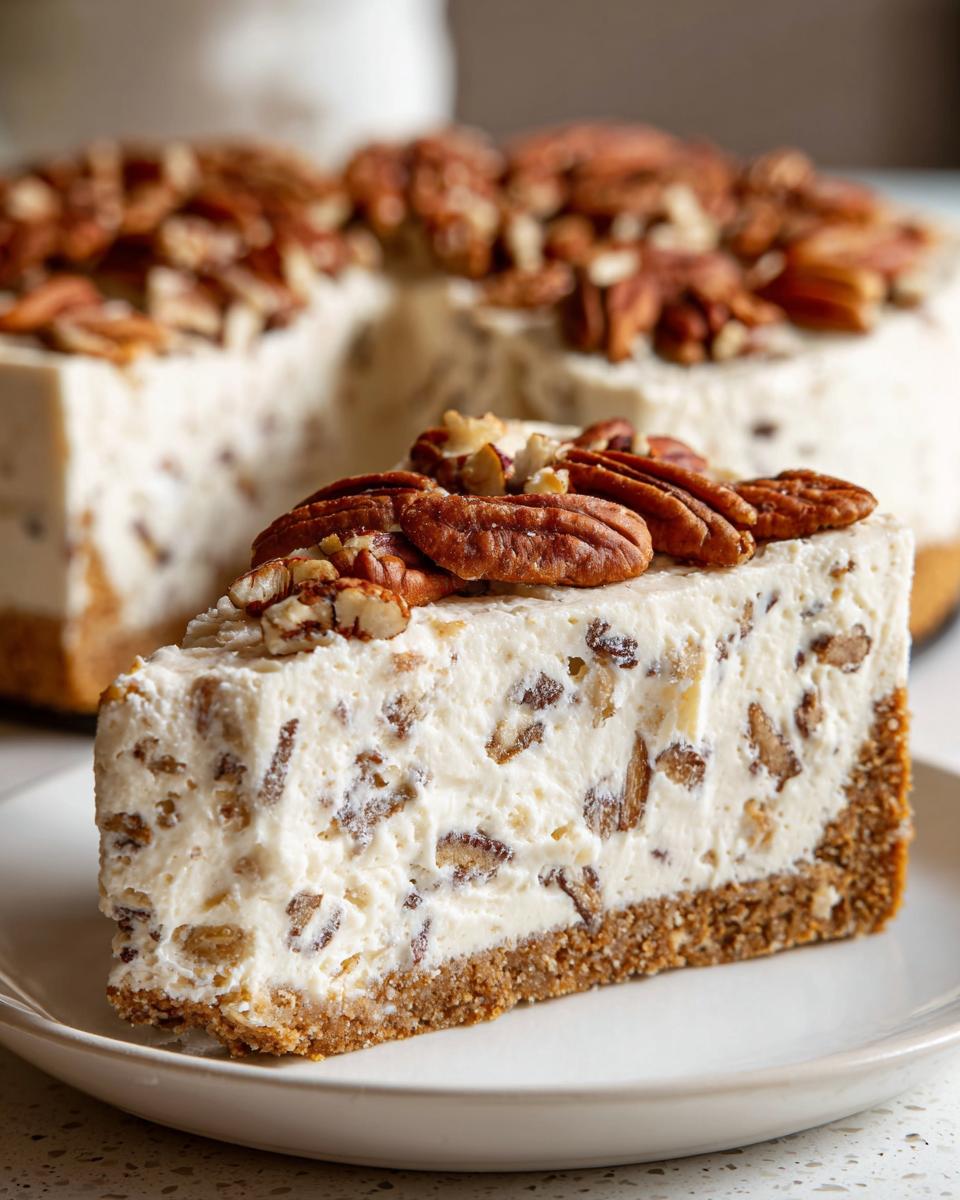 A close-up slice of creamy Pecan cream pie with a graham cracker crust, topped with whole pecans.