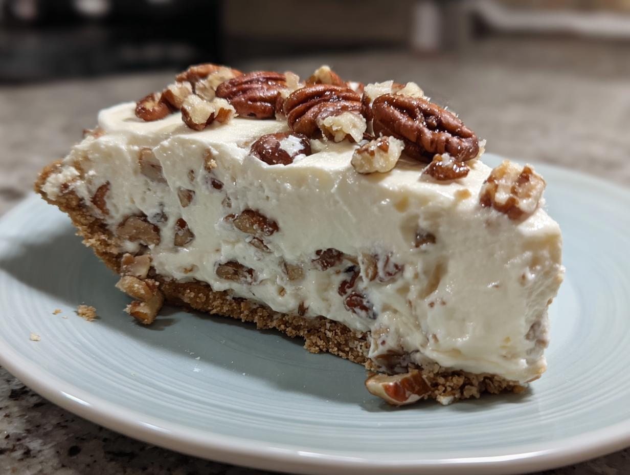 Close-up of a thick slice of Pecan cream pie with a creamy white filling studded with pecans on a light blue plate.