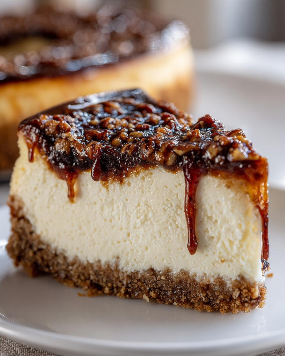 Close-up of a slice of creamy pecan pie cheesecake with a thick layer of pecan topping and caramel dripping down the side.