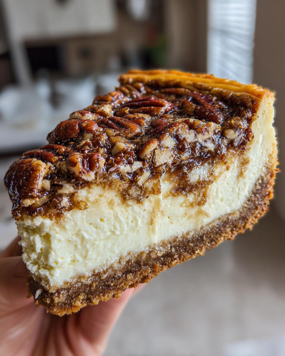 A thick slice of pecan pie cheesecake showing the creamy filling, graham cracker crust, and sticky pecan topping.