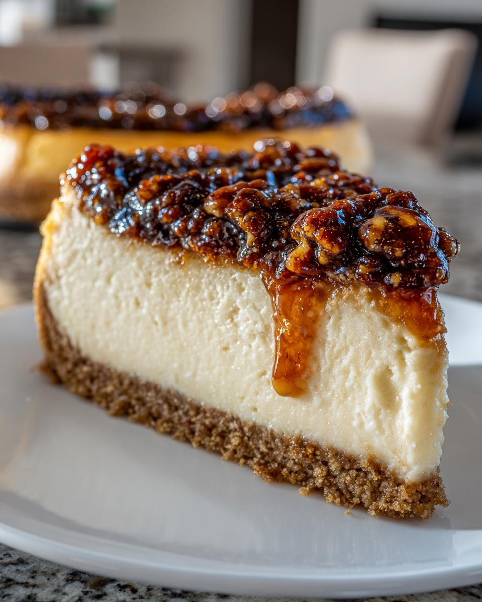 Close-up of a rich slice of pecan pie cheesecake showing the creamy filling, graham cracker crust, and gooey pecan topping.