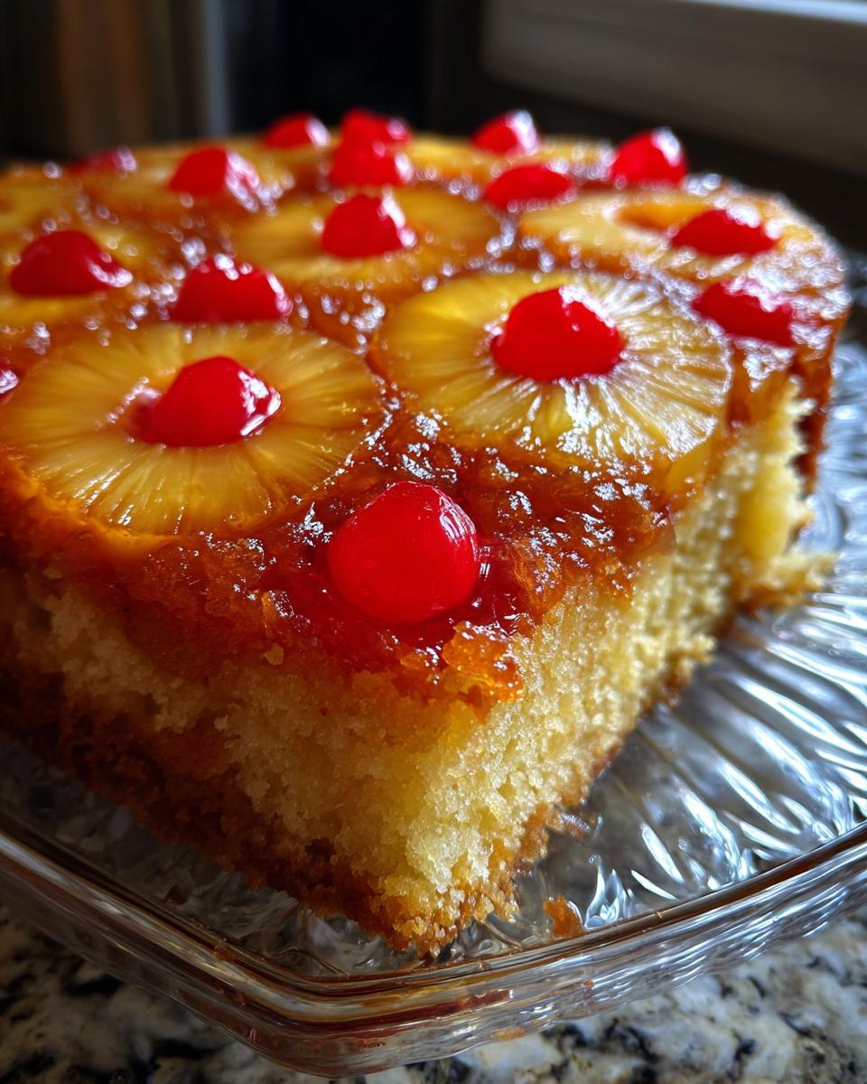 Close-up of a slice of pineapple upside down cake showing caramelized topping and bright red cherries.