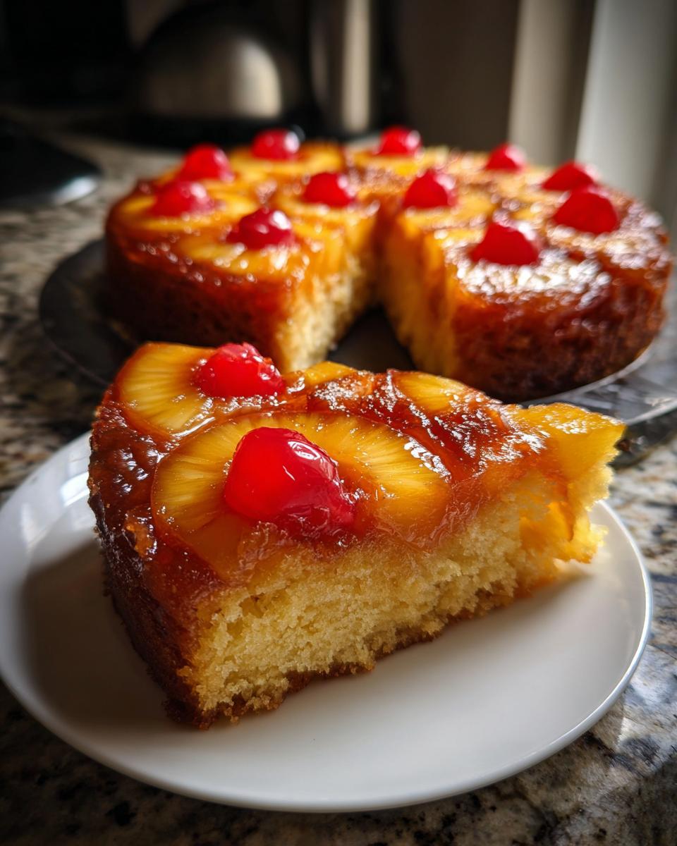A close-up slice of moist pineapple upside down cake topped with caramelized pineapple and a maraschino cherry.
