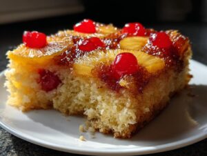Close-up of a moist slice of pineapple upside down cake topped with caramelized pineapple rings and bright red maraschino cherries.