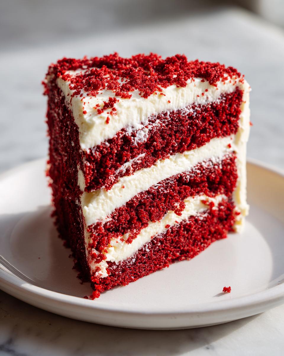 A tall, vibrant slice of red velvet cake layered with thick white cream cheese frosting, topped with red cake crumbs.
