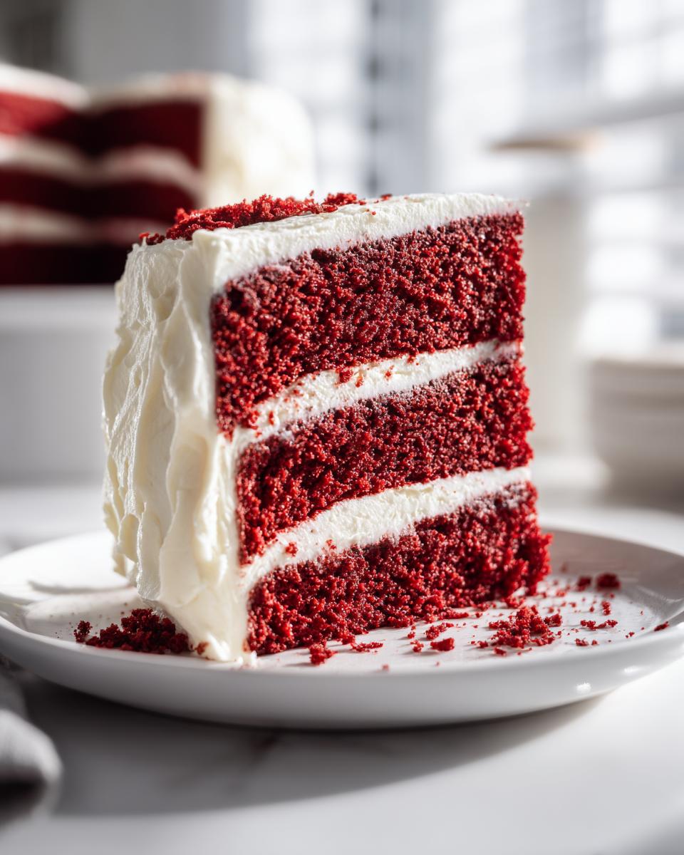 A tall, three-layer slice of vibrant red velvet cake with thick white cream cheese frosting on a white plate.