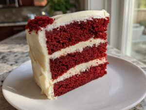 A tall slice of rich, three-layer red velvet cake with thick cream cheese frosting layers.