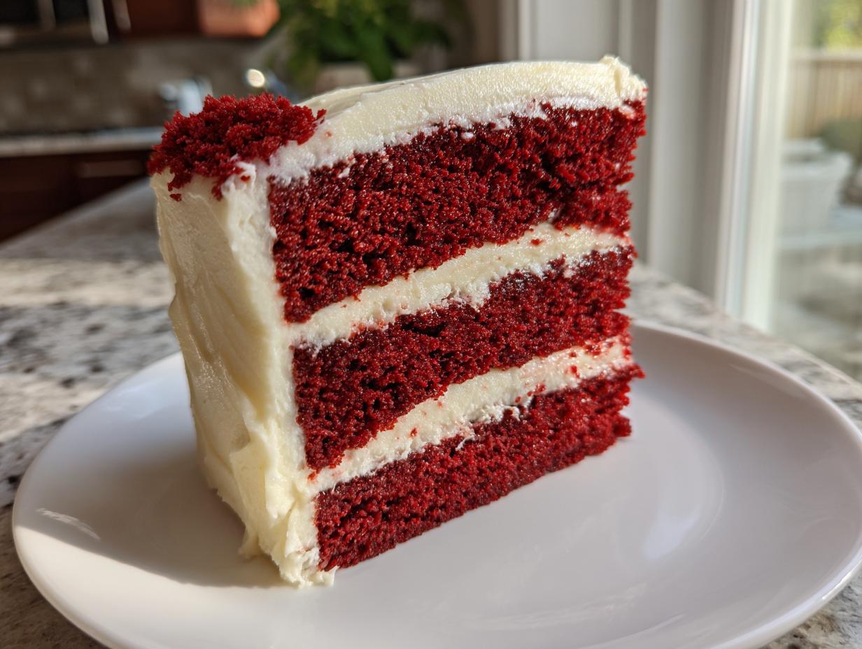 A tall slice of rich, three-layer red velvet cake with thick cream cheese frosting layers.
