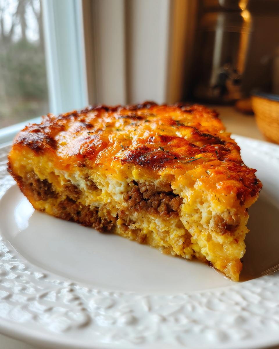 A thick slice of tater tot breakfast casserole showing layers of sausage, egg, and melted, browned cheese topping.
