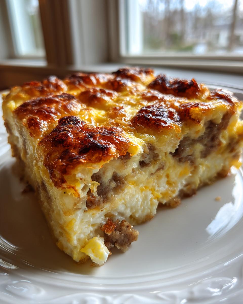 A close-up slice of tater tot breakfast casserole showing browned cheese, eggs, and sausage filling on a white plate.