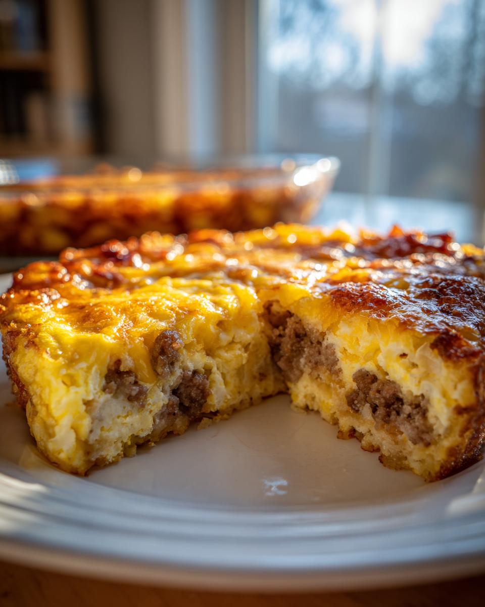 A close-up slice of tater tot breakfast casserole showing layers of egg, cheese, and sausage filling.